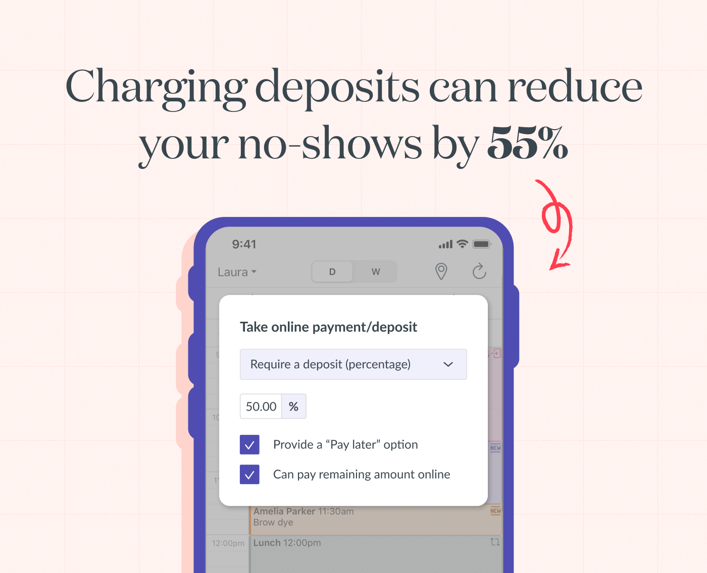 Charging deposits can reduce your no-shows by 55% with TimelyPay